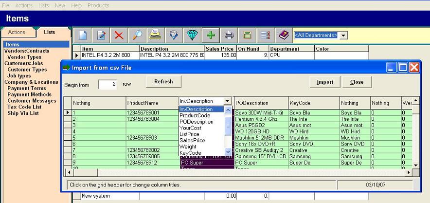 Import from csv file Inventory database