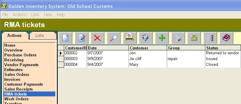 RMA tickets Inventory database