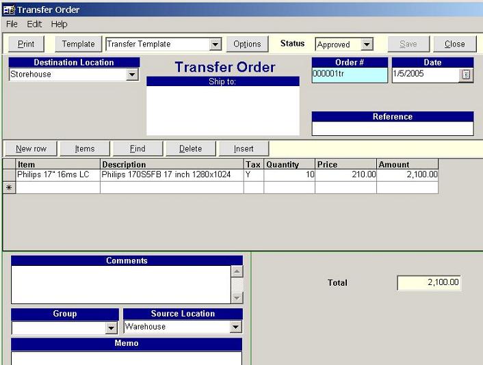 Transfer order form Inventory database